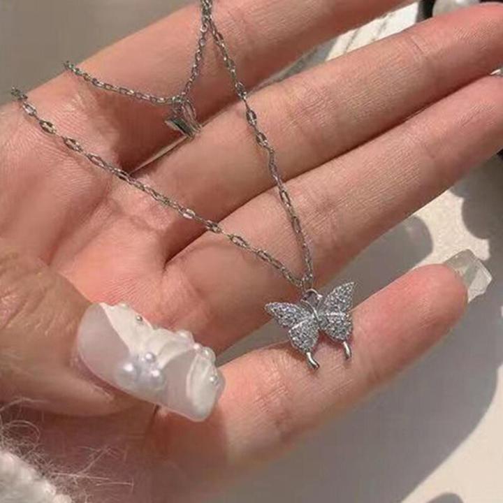 Silver%20Butterfly%20double%20layer%20necklace%20female%20simple%20design%20fashion%20temperament%20net%20red%20ins%20cold%20wind%20collarbone%20chain%20-%20Image%204