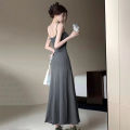 Spaghetti Strap Dresses Women Retro Slim Simple Daily A-line Maxi Dress.