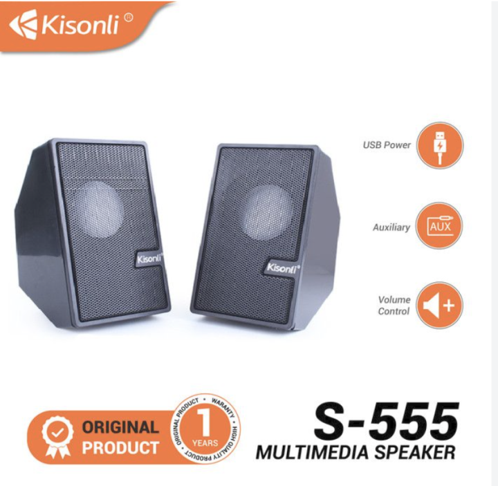 Kisonli S-555 Multimedia Speaker USB Power 3.5mm AUX 2 Channel Speaker PC Laptop Mobile Black & Grey