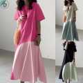 Women’s Ruffled Hem A-Line Robes Fashion Casual Loose O Neck Short Sleeve Dress Patchwork Midi Dress. 