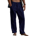 Men Linen Plus Size Drawstring Elastic Waist Button Trousers Solid Color Loose Beach Causal Long Pants. 