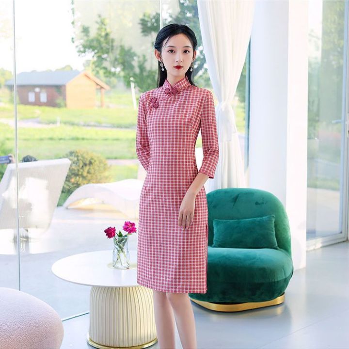 1960s Small Plaid Mohair Cheongsam Dress