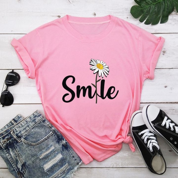 Women%20T%20Shirt%20Smile%20Daisy%20Print%20Tshirt%20Women%20Short%20Sleeve%20O%20Neck%20Loose%20T-shirt%20Ladies%20Summer%20Causal%20Tee%20Shirt%20Clothes%20-%20Image%203