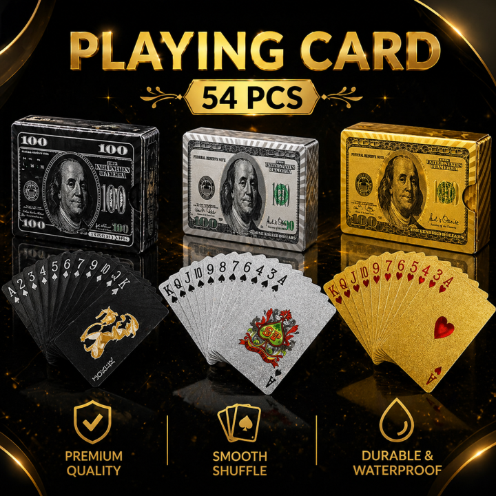 Gold Premium Poker Cards Waterproof PET Plastic – Luxury Foil Playing Cards Deck 54 Pcs Gold Silver Black Durable Flexible Tash Game Cards Gift