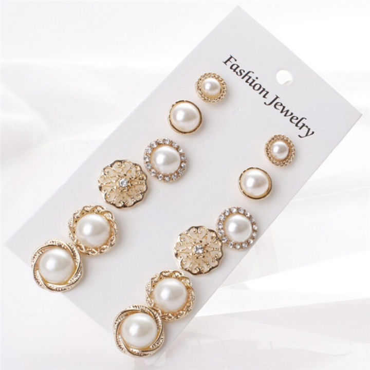 6 Pairs Elegant Crystal Rhinestone Diamond Pearl Sign Ears Tiny Studs Earrings