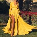 Fashion Women's Elegant Solid Color Banquet Evening Dress Spring And Autumn Deep V-Neck Stitching Slit Irregular Long Dress. 