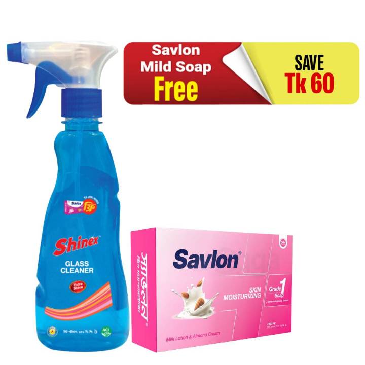 Shinex Glass Cleaner Spray 350 ml (Savlon Soap 70gm Free)