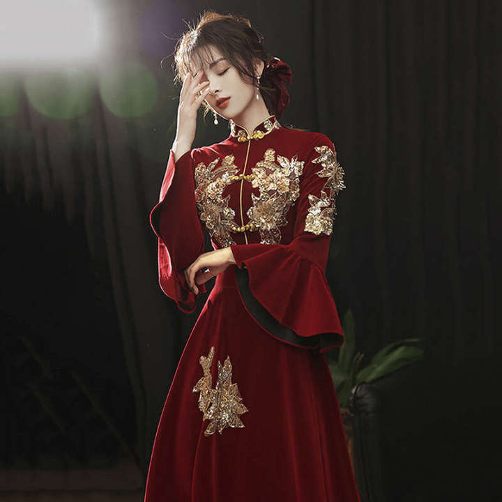 Wine red toasting gown, cheongsam, new Chinese style, bride's wedding engagement velvet formal dress, autumn and winter long sleeved skirt | Daraz.com.bd Wine red toasting gown, cheongsam, new Chinese style, bride's wedding engagement velvet formal dress, autumn and winter long sleeved skirt | Daraz.com.bd