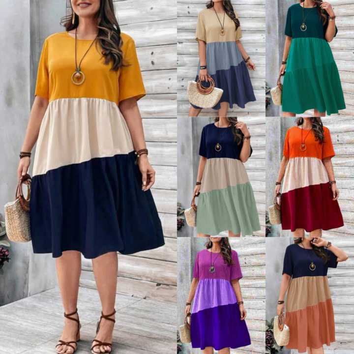 Triple-Layer Midi Dress – Soft Cotton, Bold Color Design