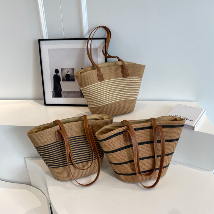 Tas Tote tali katun tas jinjing kapasitas besar tas bahu wanita rotan tas tangan anyaman anyaman liburan musim panas dompet besar