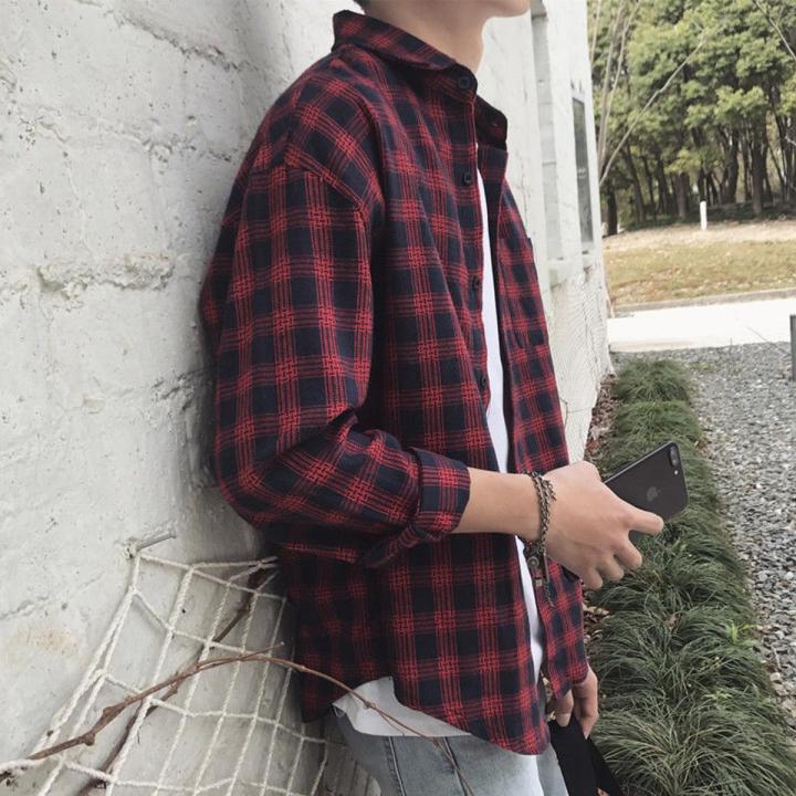 【Buy One Get One Free】Men's Shirt Korean Style Student Trendy Loose Shirt Men's Spring Slim-Fitting Plaid