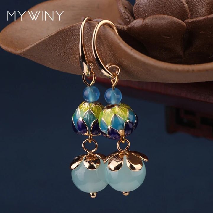 【beauty code store】MYWINY fashion jewelry Copper jewelry Cloisonne flowers vintage blue earrings women wind