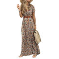 Long Dress High Slit Hem Paisley Print Short Sleeve Belt Long Dress. 