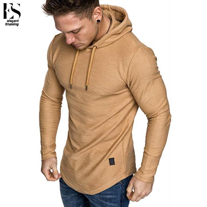 elegantstunning Men Casual Hoodie Fashion Solid Color Long Sleeves