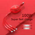 Aluminium alloy 3-in-1 retractable data cable super fast charging 100W portable one to three charging cable. 