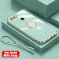 For OPPO A12 Back Cover with Ring Holder Stand + Wrist Strap Shiny Plating Square Bumper Protective Case Soft Silicone Shockproof Mobile Phone Cases. 