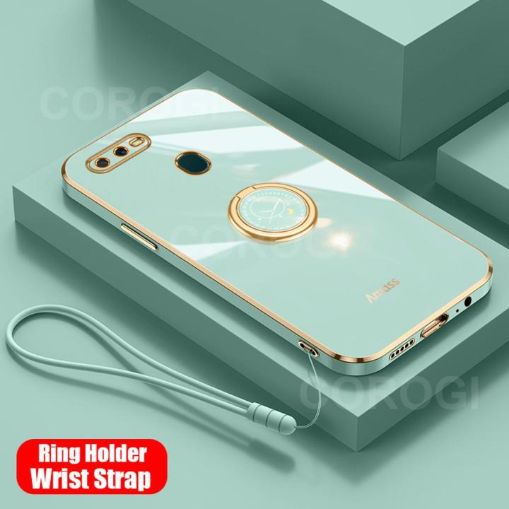 For OPPO A12 Back Cover with Ring Holder Stand + Wrist Strap Shiny Plating Square Bumper Protective Case Soft Silicone Shockproof Mobile Phone Cases