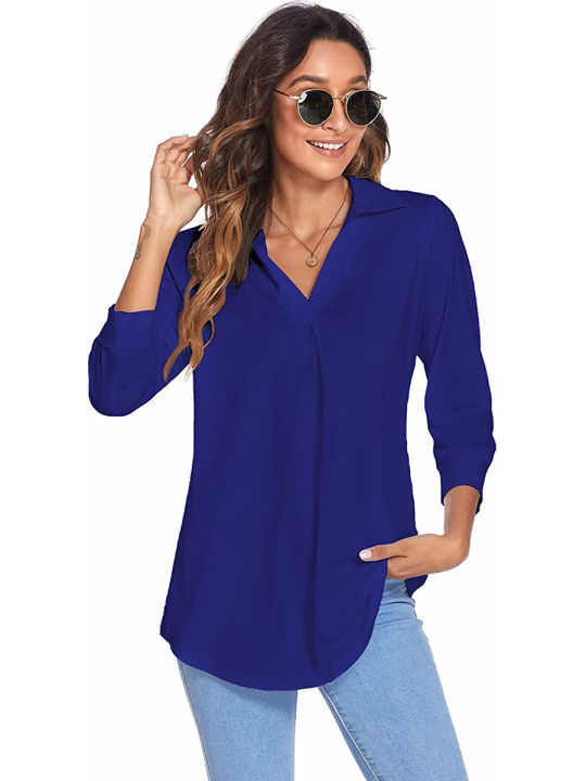 Eligible%20Women%20Loose%20Shirt,%20Adults%20Casual%20Solid%20Color%20V-neck%20Three-quarter%20Sleeve%20Pullover%20-%20Image%204
