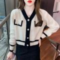 Cardigan Sweater Women's 2023 Spring and Autumn New Style Small Fragrant V-neck Coat Short Western-style Bottom Shirt Top.
