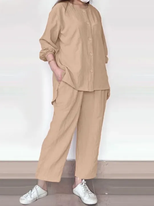 Ladies%20qualityful%20Fashion%20Pants%20Sets%20Summer%20Long%20Sleeve%20Shirt%20Casual%20Solid%20Trousers%20Suits%20Loose%20Tracksuit%20Outi%20fits%202PCS%20Matching%20Sets%20-%20Image%202