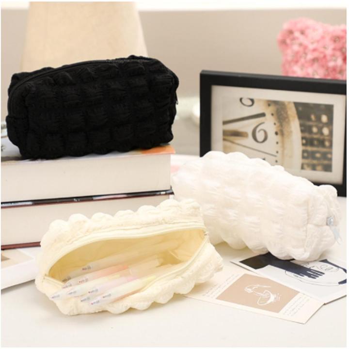 Ins Style Fabric Pencil Case Creative Cream Puff Student Pencil Bag Large Capicity Zipper Pen Pouch Girl Stationary Cute Makeup Storage School Supplies 1Pcs