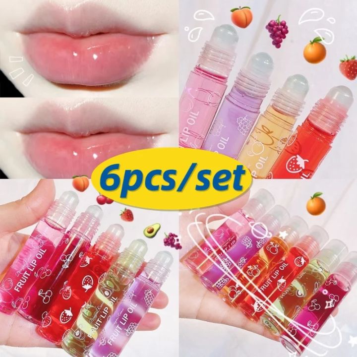 6pcs/set Transparent Hydrating Lip Gloss Fruit Roll-on Balm Lip Makeup Primer Moisturizing Clear Lip Oil Long Lasting Cosmetics Abandon Abandon