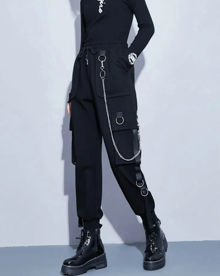 Streetwear Cargo Pants Women Casual Joggers Black High Waist Loose