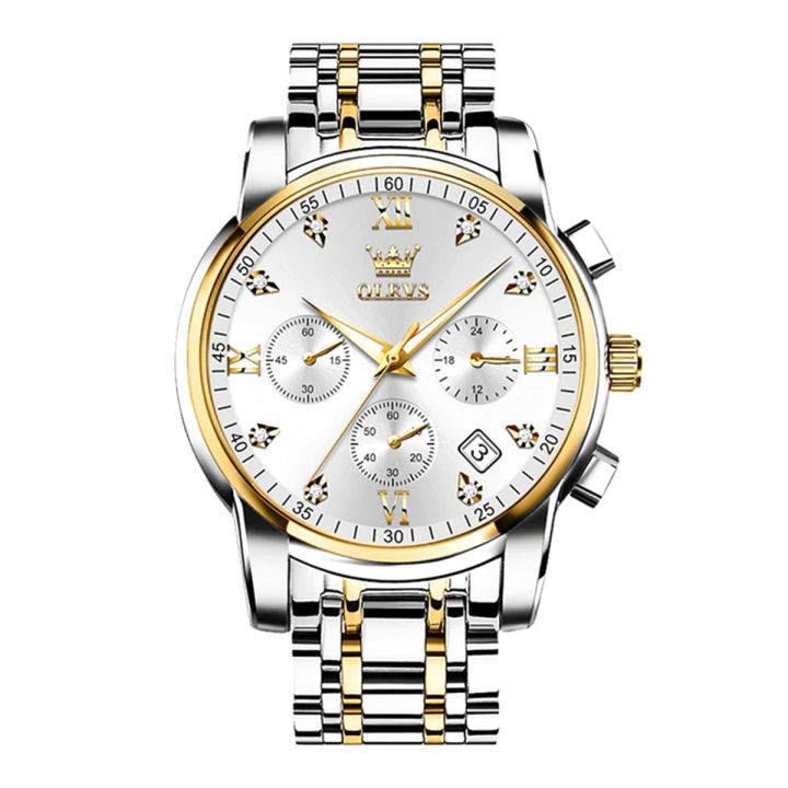 OLEVS 2858 Silver And Golden Two-tone Stainless Steel Chronograph Watch For Men - White & Golden