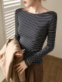 High-Grade Retro off-Neck Stripes T T-shirt Women's Long Sleeve 2024 Autumn and Winter New Slim Cotton Bottoming Shirt Top. 
