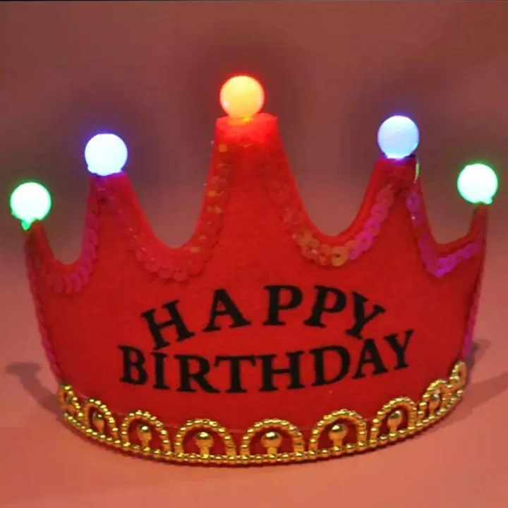 Happy Birthday Red Color Crown Taj Hat Headband Cap Led Lighting