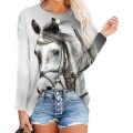 3D Digital Printing Long Sleeve Top Lady New Spring Summer Clothes O-Neck Horse Head Printed T-shirts Casual Loose Funny Tees.