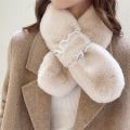 Korean Women Faux Rabbit Fur Collar Pearl Lace Cross Plush Scarf Female Winter Double Sided Thick Neck Protection Warm Shawl T36. 