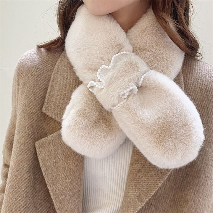 Korean Women Faux Rabbit Fur Collar Pearl Lace Cross Plush Scarf Female Winter Double Sided Thick Neck Protection Warm Shawl T36