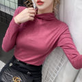 Double-Sided Dralon Bottoming Shirt Women's Half Turtleneck Autumn and Winter Shiny Long Sleeve T T-shirt Solid Color Slim Fit Warm Inner Wear Blouse. 