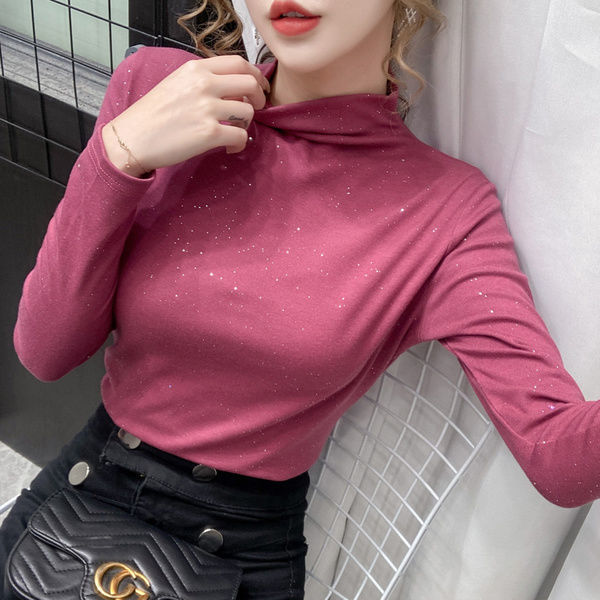 Double-Sided Dralon Bottoming Shirt Women's Half Turtleneck Autumn and Winter Shiny Long Sleeve T T-shirt Solid Color Slim Fit Warm Inner Wear Blouse