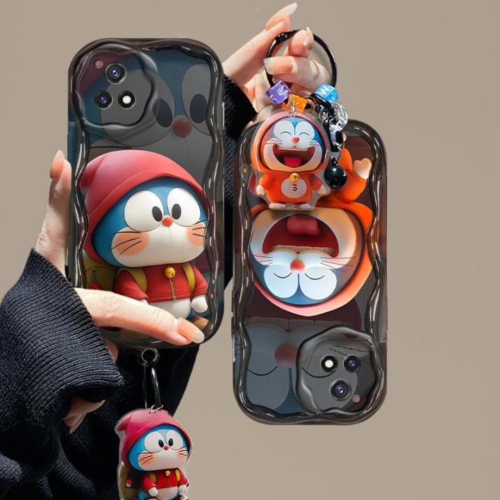 Case Cover For OPPO A17 A16 A15 A3S A5S A12 A12E A54 A31 A9 A5 2020 A55 A53 A32 A33 A57 5G A74 A95 F19 A76 A96 A52 A72 A92 cover Keychain Wavy Texture Cartoon Cute 3D Doraemon Bracelet Soft Silicone TPU INS Back Cover Fashion Full Protection