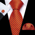 Fashion Orange Yellow Men Tie Luxury Silk Plaid High Quality Pocket Square Cufflinks Sets Groom Wedding Gifts Barry.Wang 6484.