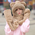 Bear hat, scarf, gloves, one-piece three-piece set for women, autumn and winter, Korean version of students, cute thickened knitted plush hat.
