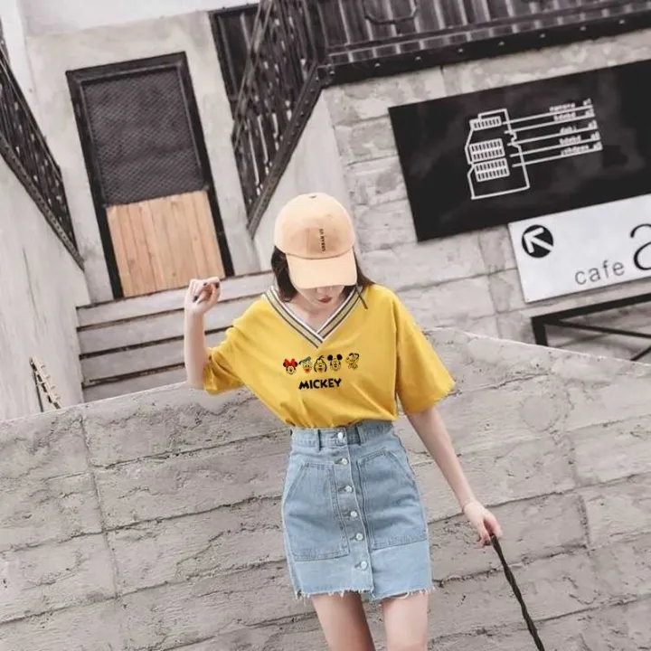 White%20V%20Collar%20Top%20Yellow%20Korean%20Style%20All-Match%20Loose%20Western%20Style%20Slimming%20Inner%20Vest%20Short%20Sleeve%20T%20Women's%20New%20T-shirt%20-%20Image%203