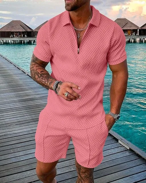 2023%20New%20Men's%20Suit%203D%20Color%20Stitching%20Print%20Summer%20Short%20Sleeve%20Polo%20Shirt%20Shorts%20Suit%20Fashion%20Zipper%20Polo%20Shirt%20Two%20Piece%20Set%20-%20Image%202