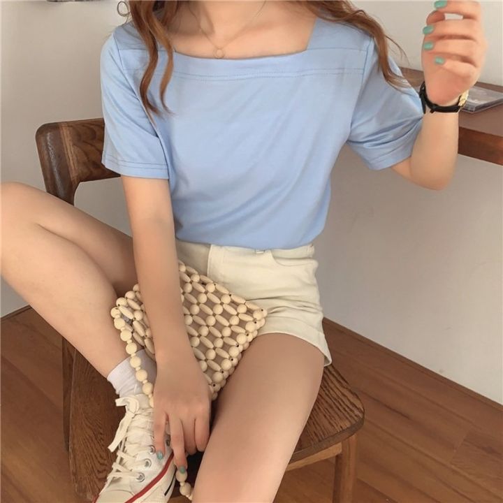 Genaisha%20New%20Style%20Ladies%20Short-Sleeve%20Top%20Trend%20Korean%20Version%20Solid%20Color%20Girl%20Square%20Neck%20T-Shirt%20-%20Image%208