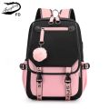 Fengdong large school bags for teenage girls USB port canvas schoolbag student book bag fashion black pink teen school backpack.