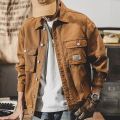 Loose Denim Jacket Men Spring Autumn Handsome Cargo Jacket Handsome Button Workwear Coat Canvas Button Up Streetwear Jacket. 