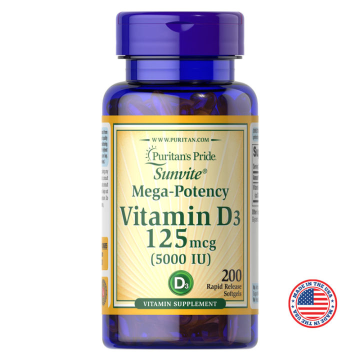 Puritan's Pride Vitamin D3 125 mcg (5000 IU), Healthy Bones and Teeth, Healthy Immune System, Recover Strength Levels Quicker, 200 Softgels, Made in USA, Expiry: Jun-2027