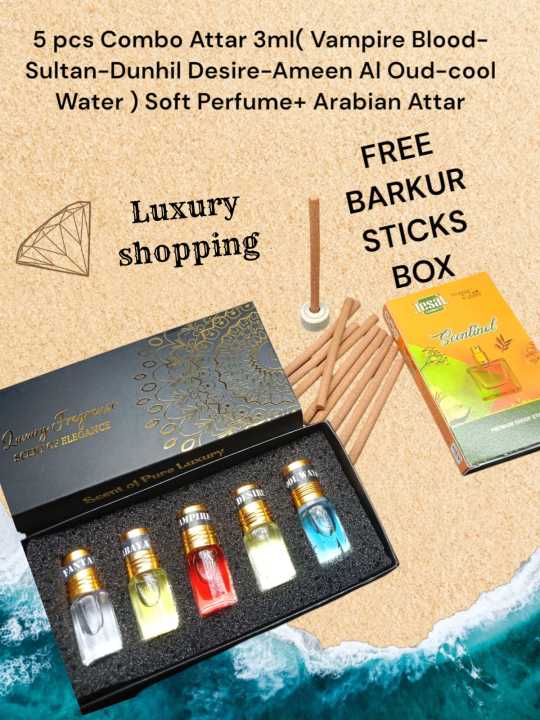 5 pcs Combo Attar 3ml( Vampire Blood-Sultan-Dunhil Desire-Ameen Al Oud-cool Water ) Soft Perfume+ Arabian Attar