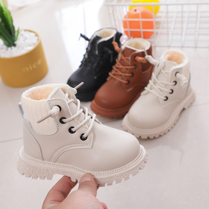 Children's martin boots with cotton and thick children's leather waterproof and lightweight boys' cotton shoes and fleece warm leather boots