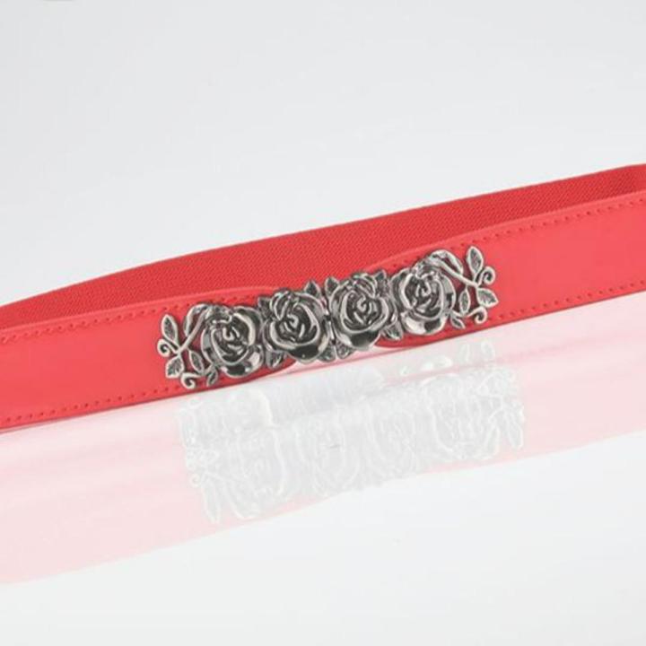 Indispensable -Quality And Durablity -Women Elastic Wide PU Waistband Fashion Rose Metal Buckle Vintage Elastic Belt- Innovative