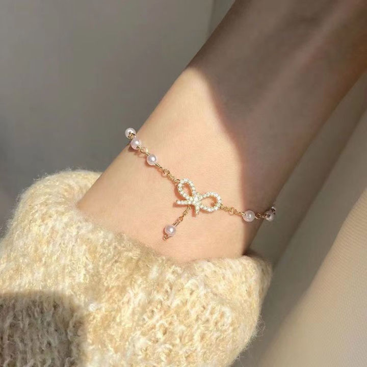 Sweet Korean Imitation Pearl Link Chain Bracelet For Women Girl Elegant Charm Crystal Bowknot Bow Jewelry Party Gifts