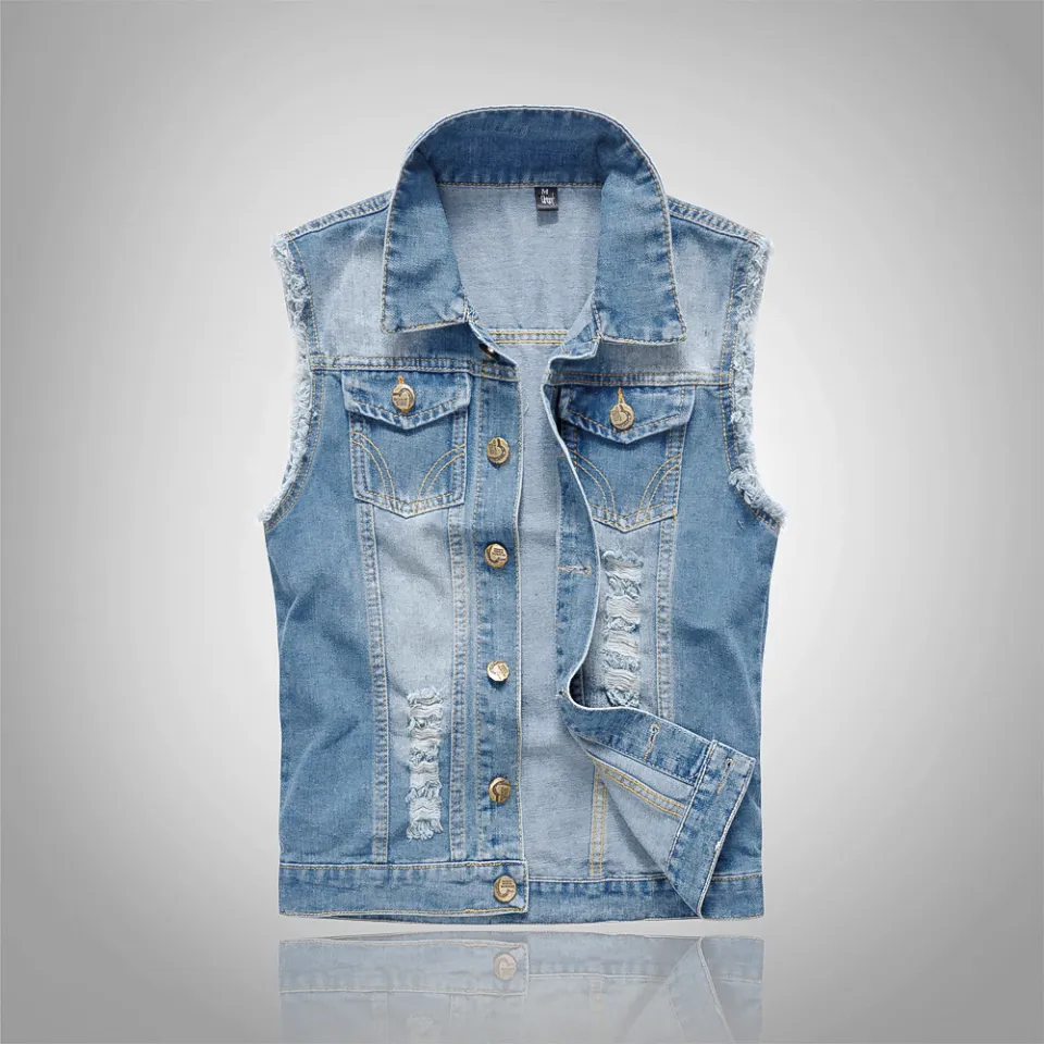 2024 Men's Fashion Jeans Sleeveless Jacket Vest Male Black Blue