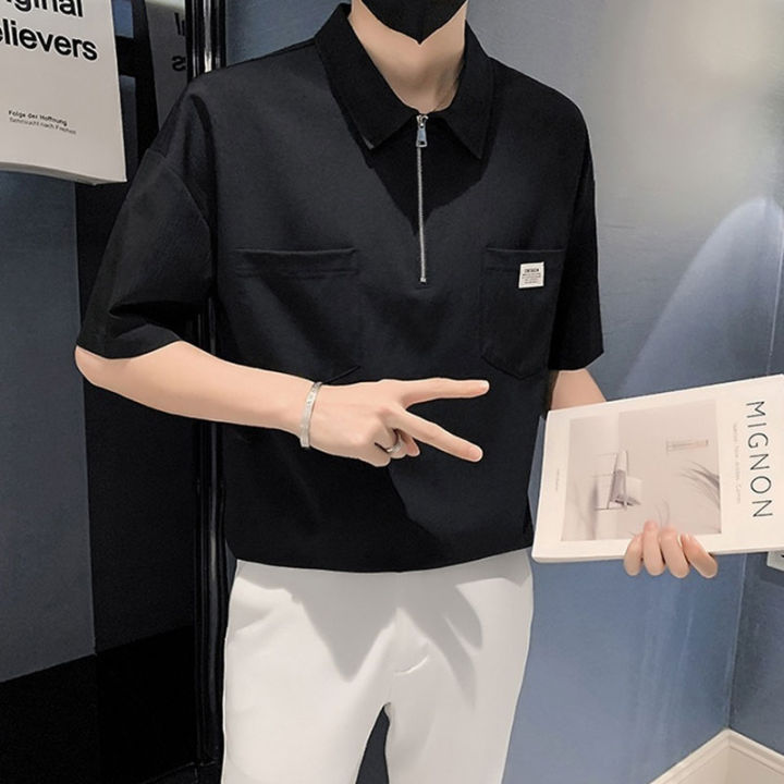 Elegant%20Fashion%20Harajuku%20Slim%20Fit%20Ropa%20Hombre%20Loose%20Casual%20All%20Match%20T-shirts%20Zipper%20Korean%20Version%20Short%20Sleeve%20Polo%20Shirts%20-%20Image%202